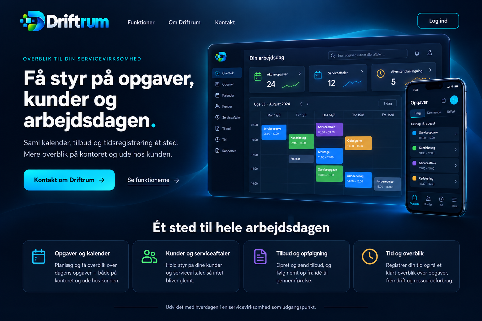 Illustration af Driftrum på computer og mobil med overblik, kalender og dagens opgaver.